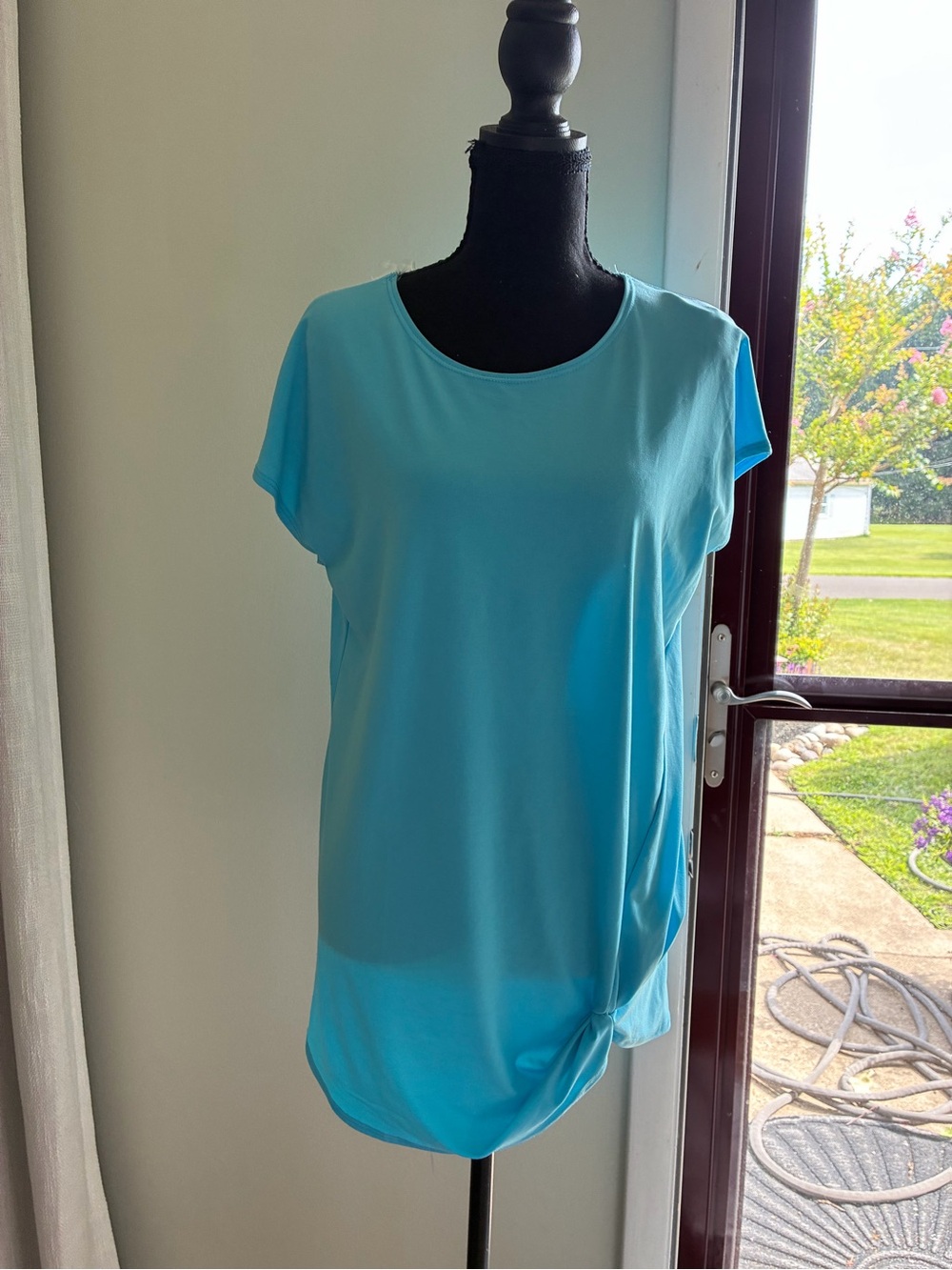 Azules Aqua Scoop-Neck Short Sleeve Top with Side Knot